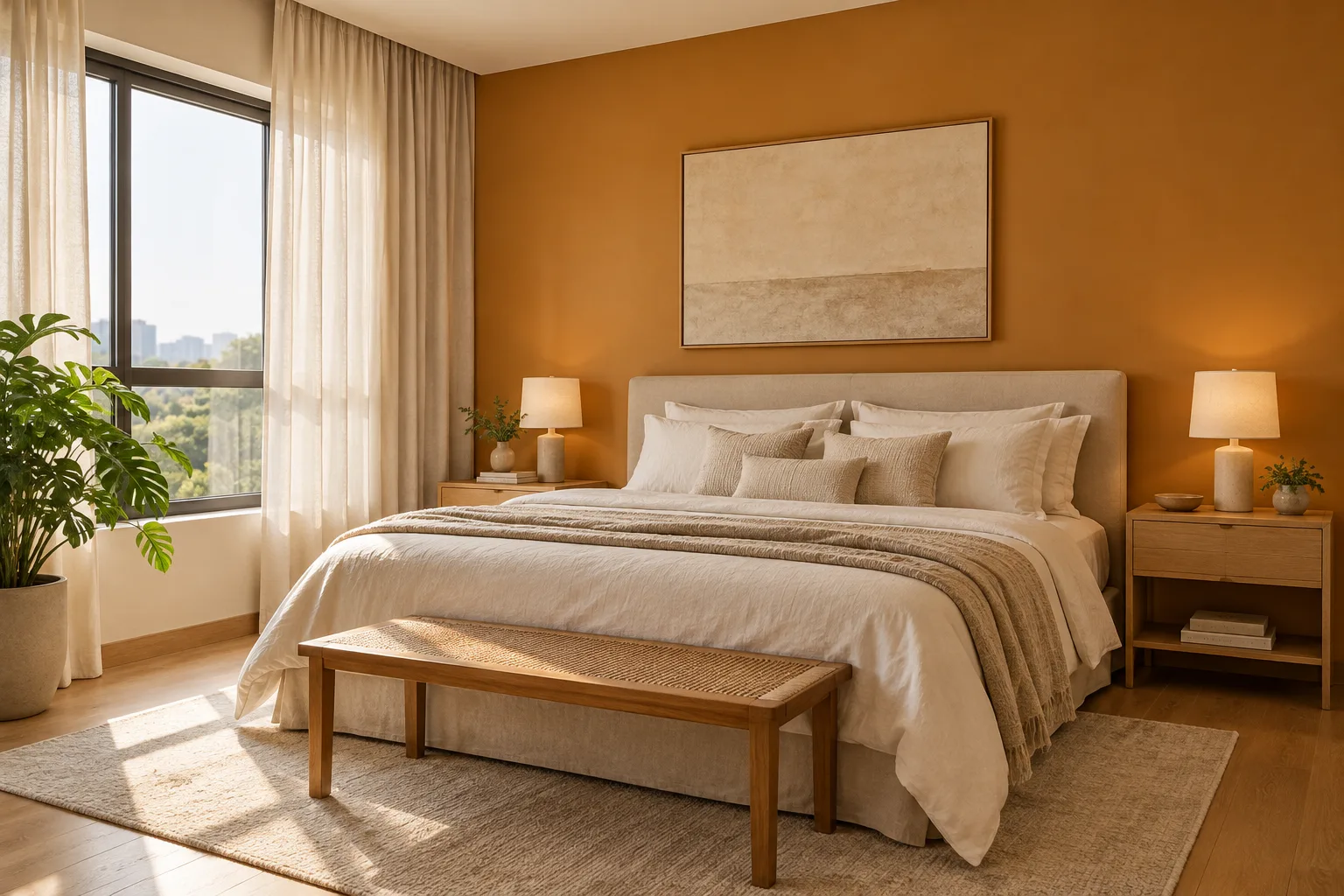 Cor ocre na decoração: como combinar e usar em cada ambiente 6 Quarto aconchegante com parede ocre suave atrás da cabeceira, roupa de cama clara e móveis de madeira.