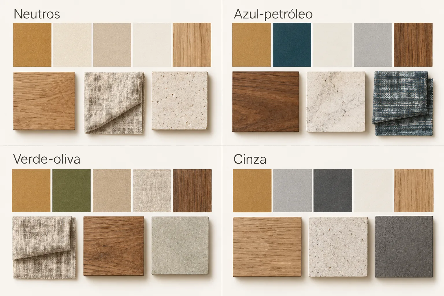 Cor ocre na decoração: como combinar e usar em cada ambiente 2 Quatro paletas de decoração com cor ocre combinada com bege, azul-petróleo, verde-oliva e cinza.