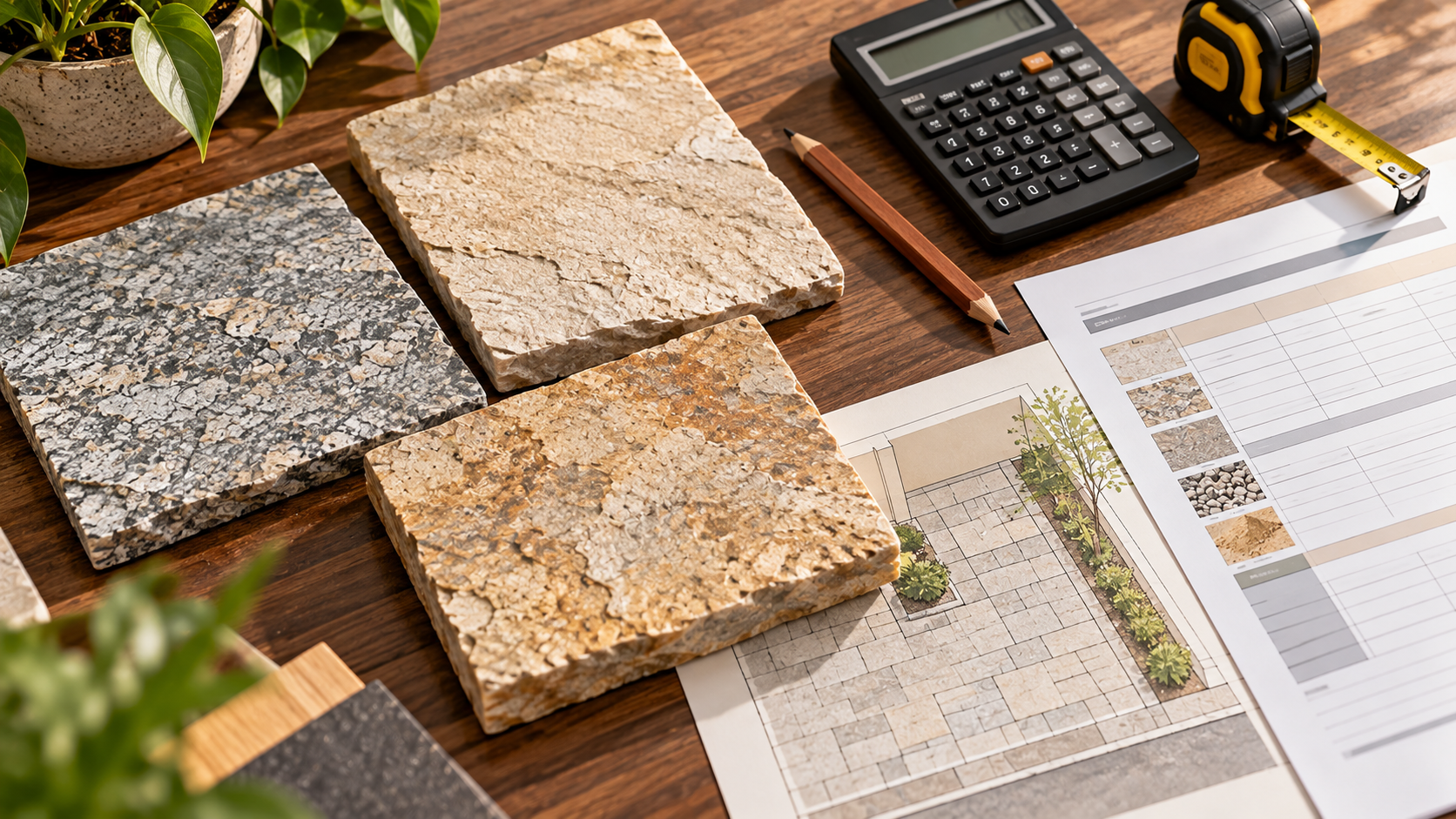 Amostras de pedras naturais para calçada sobre mesa de trabalho com calculadora, trena e planilha de orçamento.