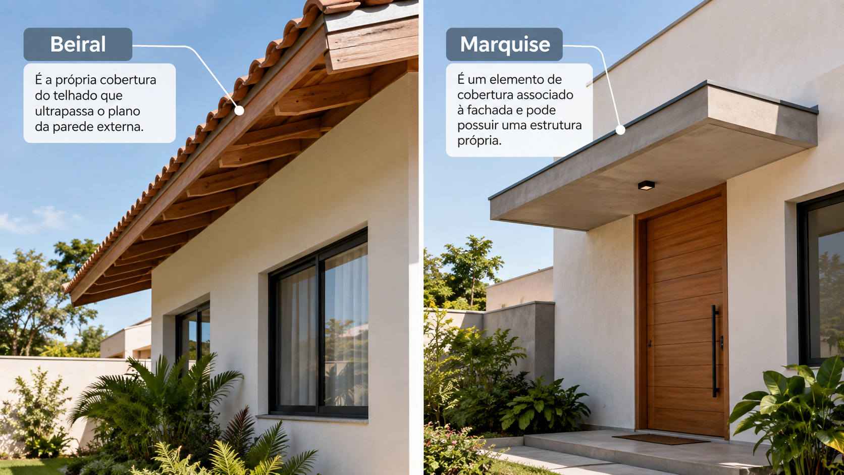O que é marquise? Tipos, materiais e diferença para beiral 3 Comparação entre beiral e marquise em duas fachadas residenciais