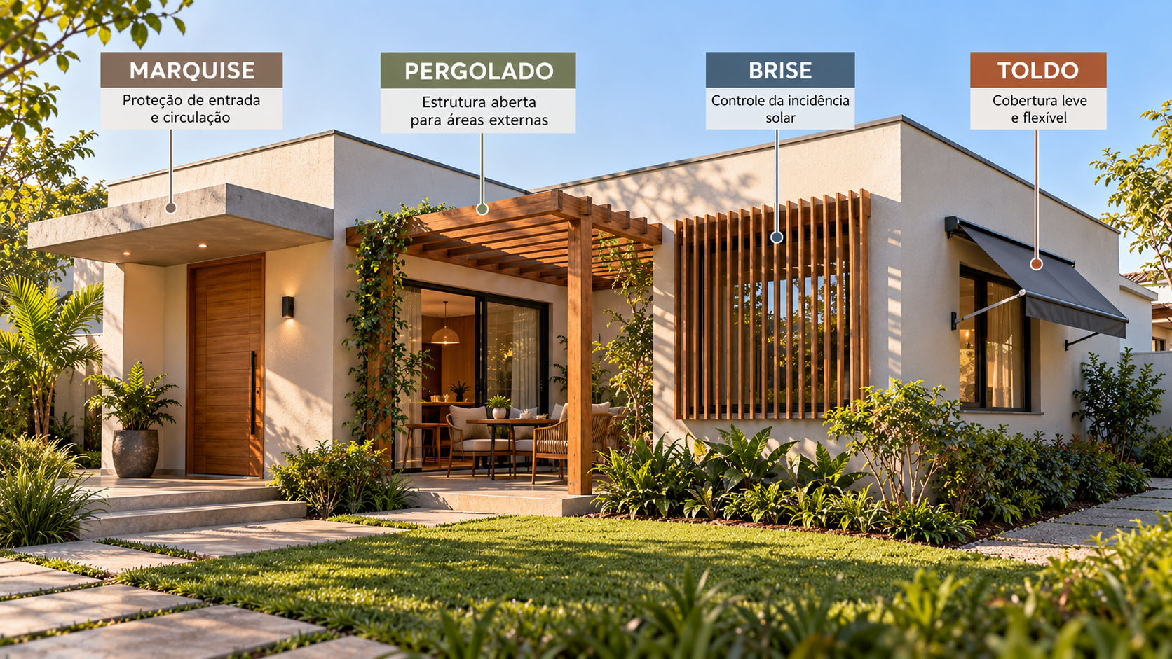 O que é marquise? Tipos, materiais e diferença para beiral 4 Diferença entre marquise, pergolado, brise e toldo na arquitetura