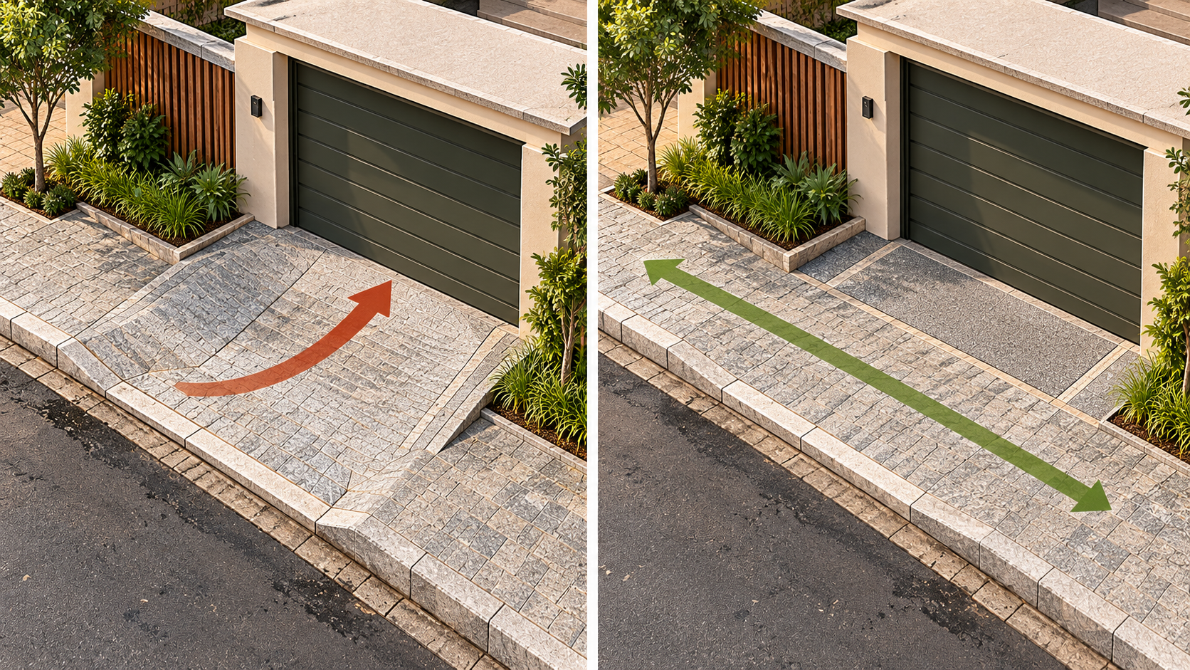 Comparação entre entrada de garagem que inclina toda a calçada e solução que mantém uma faixa livre contínua para pedestres.