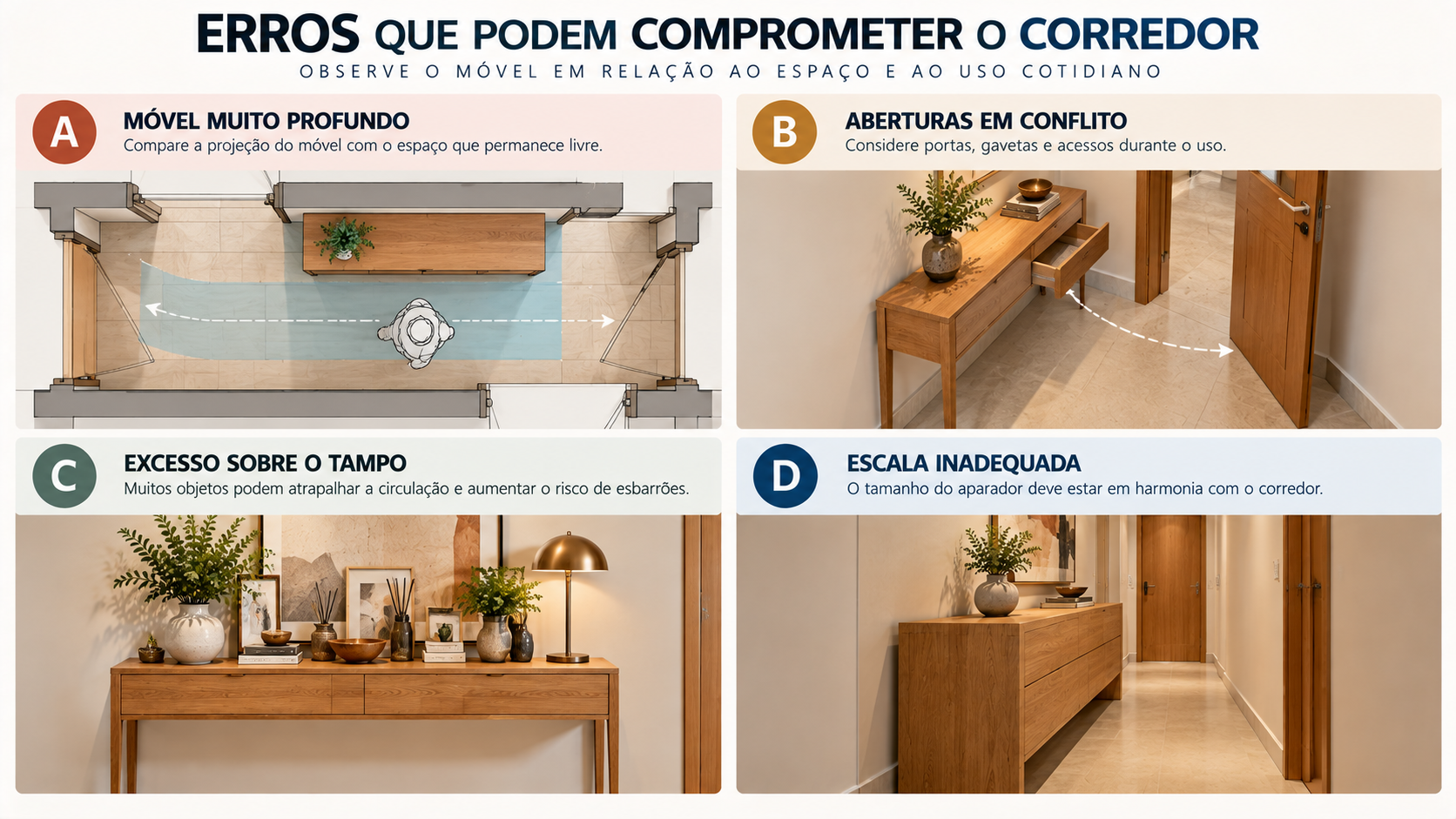 Aparador para corredor: como escolher e 10 ideias para usar 16 Infográfico mostrando erros de profundidade, abertura, excesso de objetos e escala em aparadores de corredor