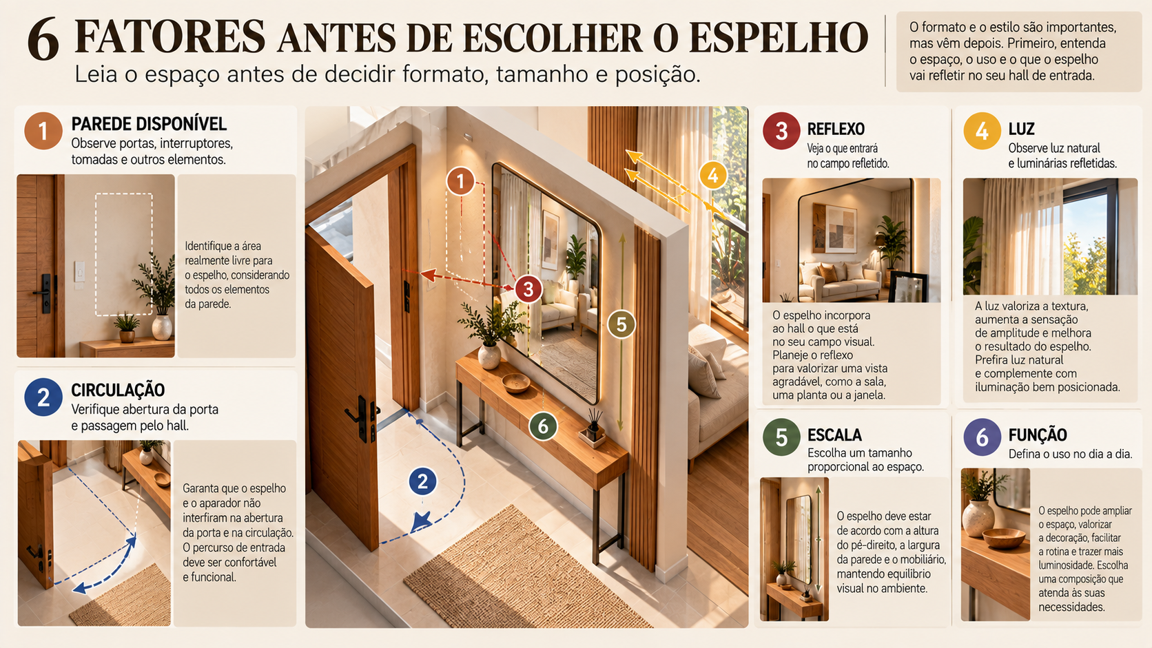 Hall de Entrada com Espelho: Como Escolher Tamanho, Posição e Composição 1 Infográfico com seis fatores para escolher um espelho no hall de entrada: parede, circulação, reflexo, luz, escala e função