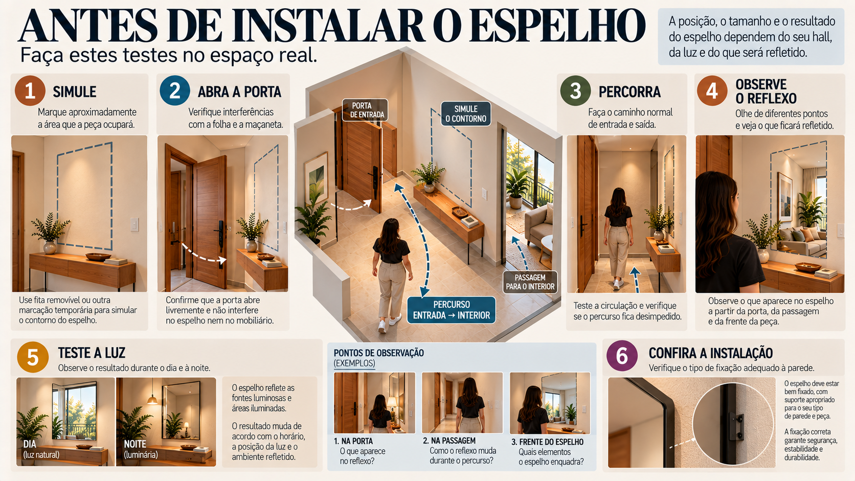 Hall de Entrada com Espelho: Como Escolher Tamanho, Posição e Composição 9 Checklist para testar posição, reflexo, circulação, iluminação e instalação do espelho no hall de entrada