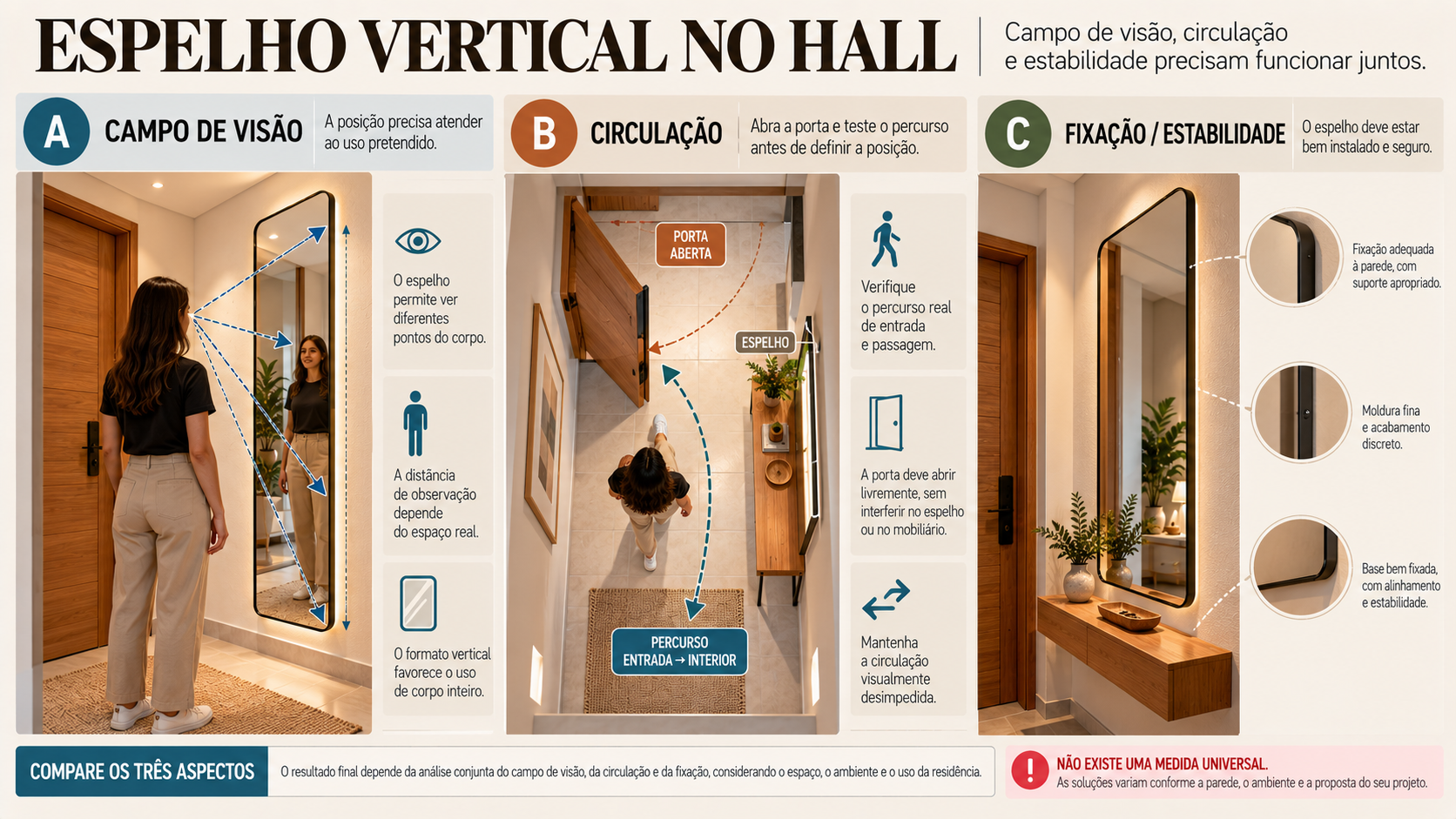 Hall de Entrada com Espelho: Como Escolher Tamanho, Posição e Composição 5 Prancha técnica de espelho vertical no hall mostrando campo de visão, circulação e necessidade de fixação compatível