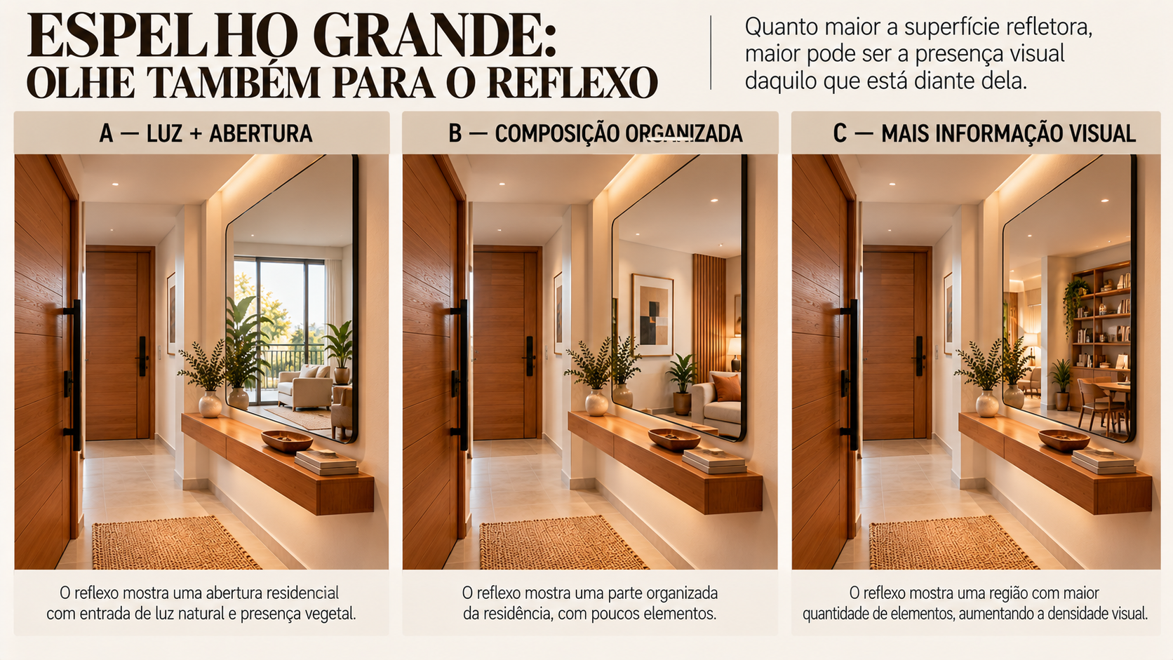 Hall de Entrada com Espelho: Como Escolher Tamanho, Posição e Composição 6 Comparação do mesmo hall com espelho grande refletindo janela, ambiente organizado e área visualmente carregada