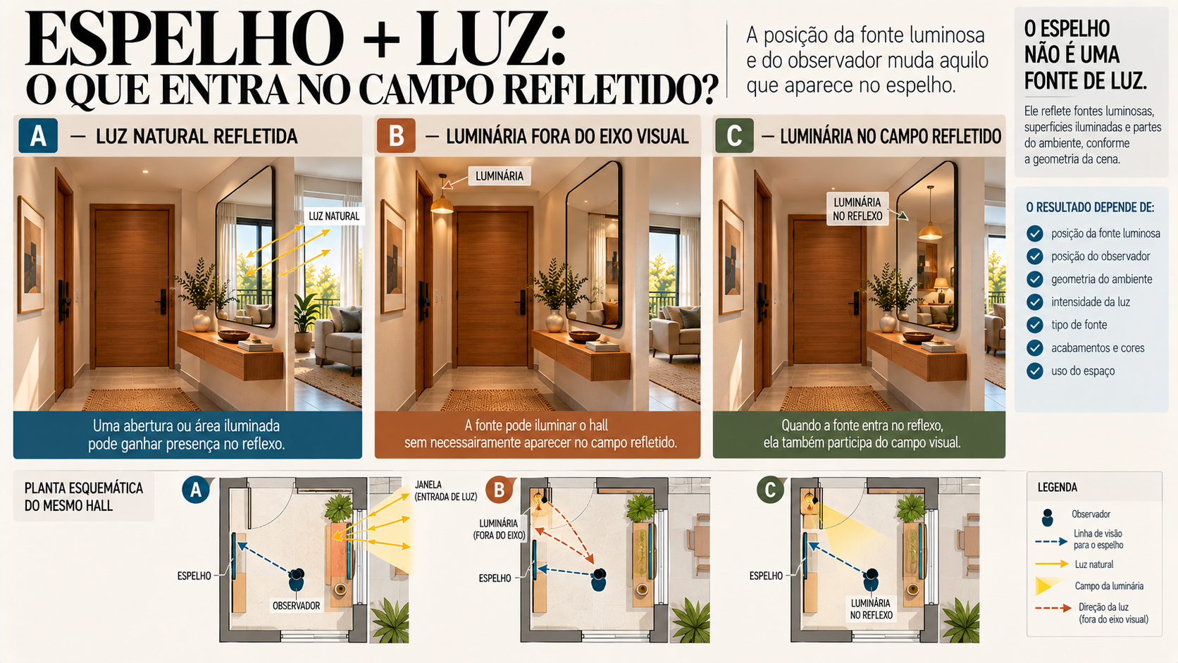 Hall de Entrada com Espelho: Como Escolher Tamanho, Posição e Composição 8 Infográfico mostrando como janela, luminária, espelho e posição do observador alteram o campo visual no hall