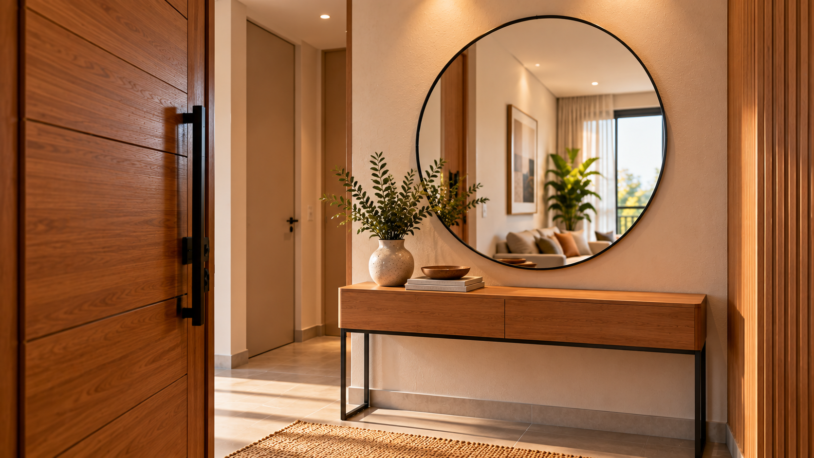 Hall de Entrada com Espelho: Como Escolher Tamanho, Posição e Composição 4 Hall de entrada com espelho redondo sobre aparador contrastando com linhas retas da arquitetura