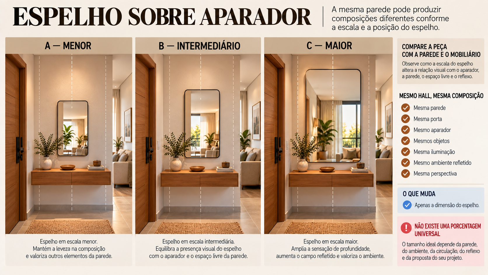 Hall de Entrada com Espelho: Como Escolher Tamanho, Posição e Composição 3 Comparação de três tamanhos de espelho sobre o mesmo aparador em um hall de entrada