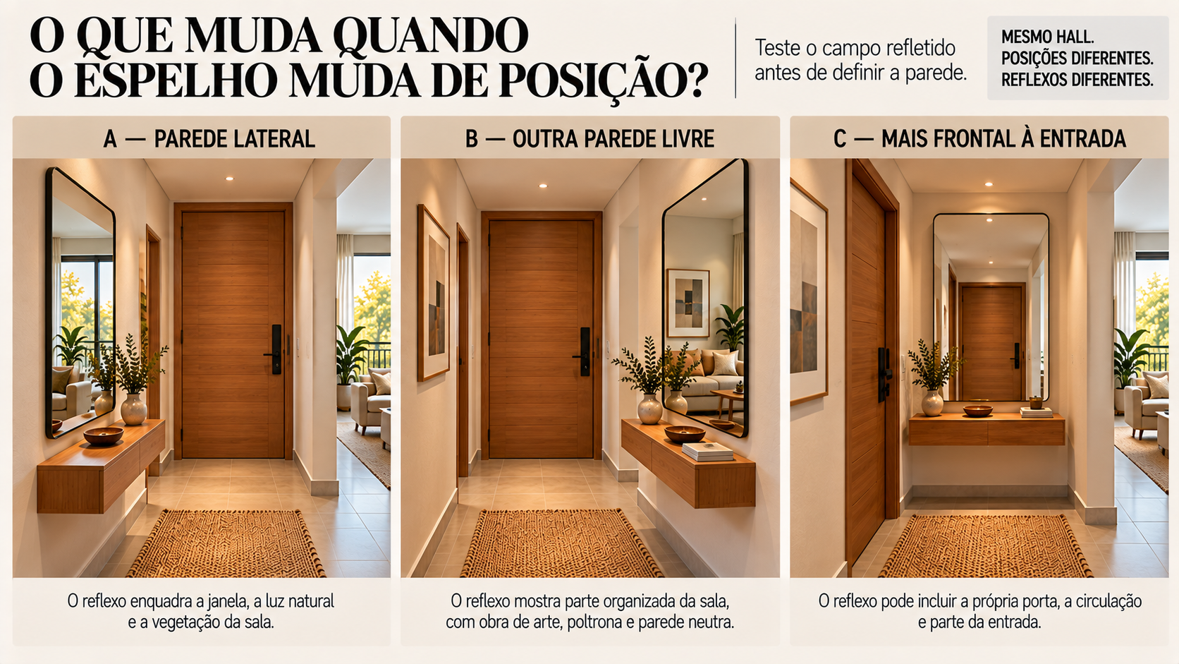 Hall de Entrada com Espelho: Como Escolher Tamanho, Posição e Composição 7 Comparação do mesmo hall com espelho em três posições mostrando como muda o campo refletido