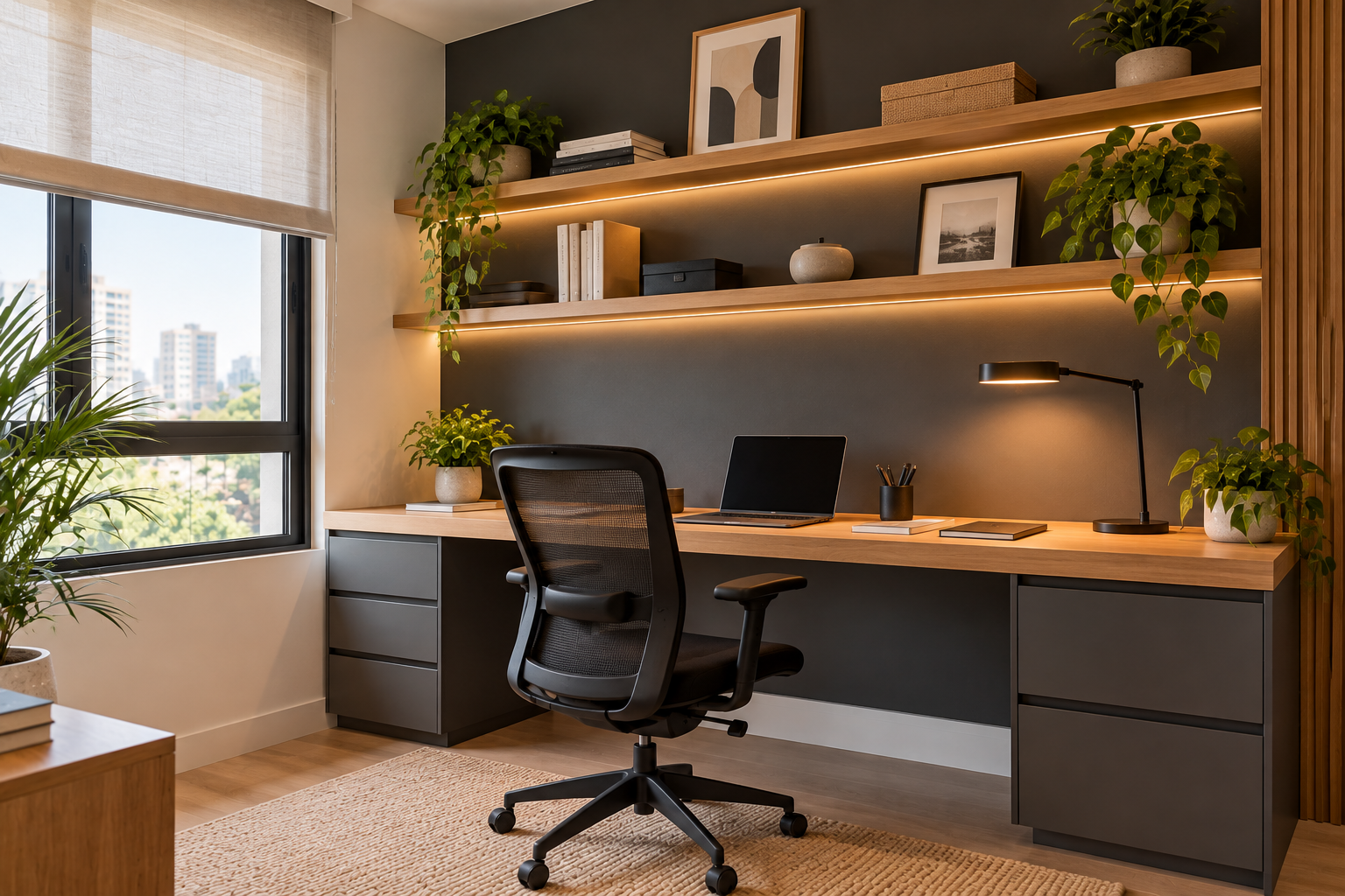 Home office com parede cinza grafite, bancada de madeira natural, cadeira ergonômica e iluminação de tarefa.
