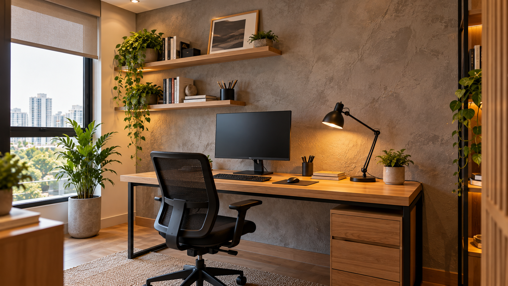 Home office compacto com parede de efeito cimento queimado cinza, mesa de madeira, cadeira ergonômica e iluminação natural.