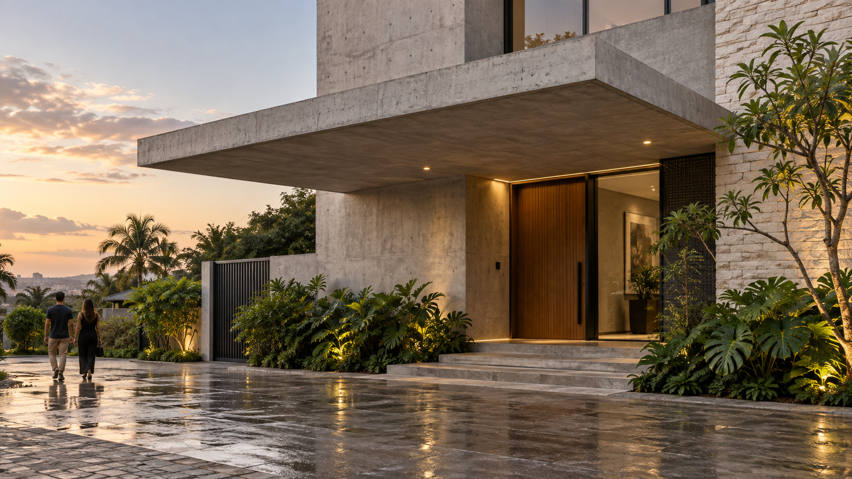 Marquise de concreto em balanço protegendo a entrada de uma edificação contemporânea