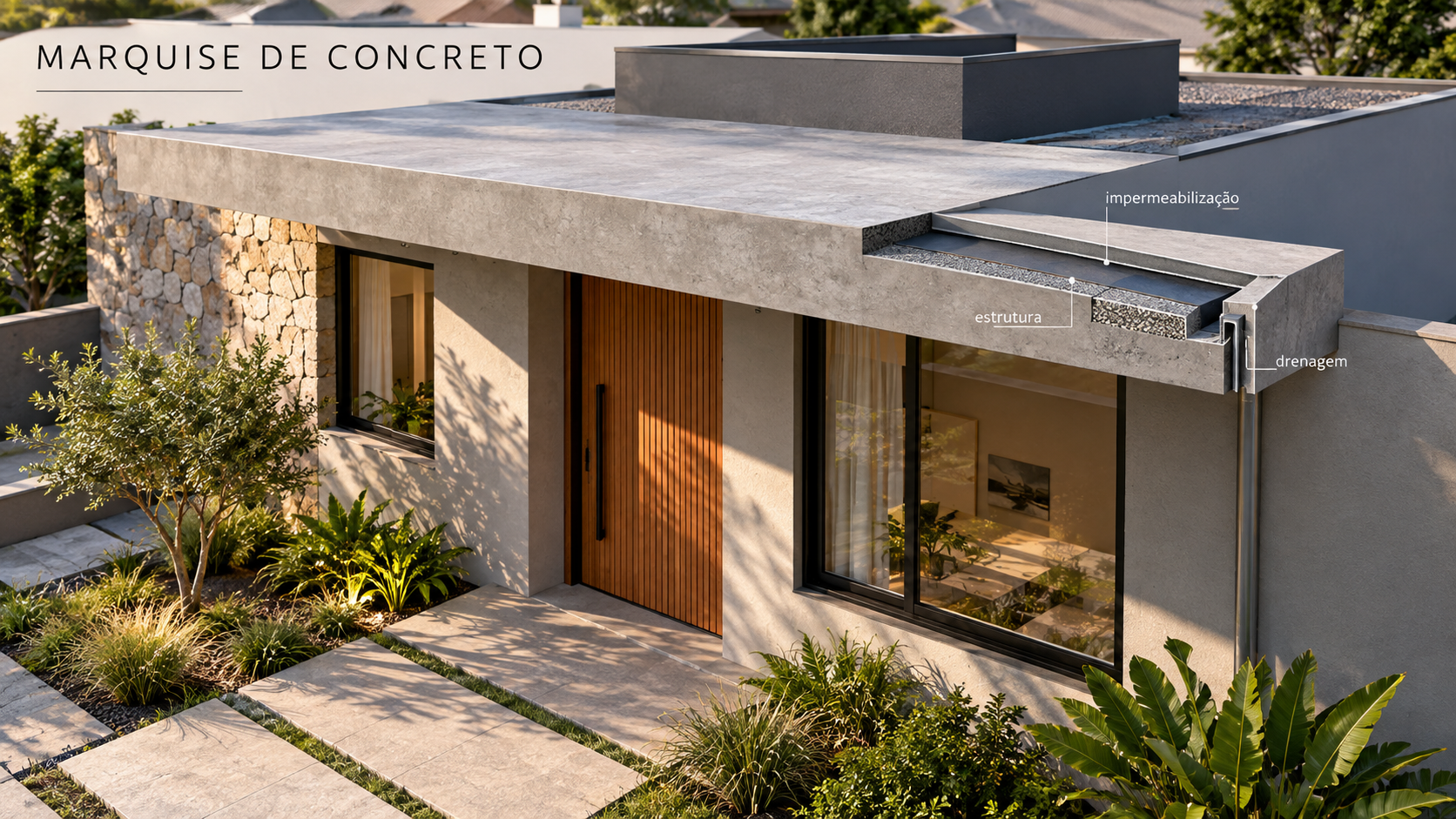 O que é marquise? Tipos, materiais e diferença para beiral 5 Marquise de concreto integrada à fachada com estrutura, impermeabilização e drenagem