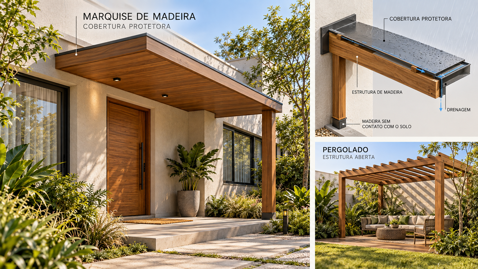 O que é marquise? Tipos, materiais e diferença para beiral 9 Marquise de madeira integrada à fachada e comparação com pergolado de madeira
