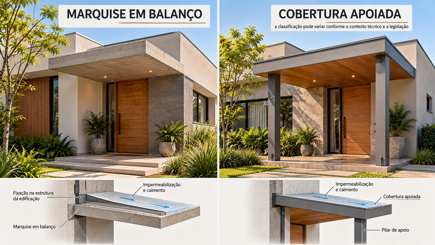 O que é marquise? Tipos, materiais e diferença para beiral 2 Comparação entre marquise em balanço e cobertura apoiada em pilares