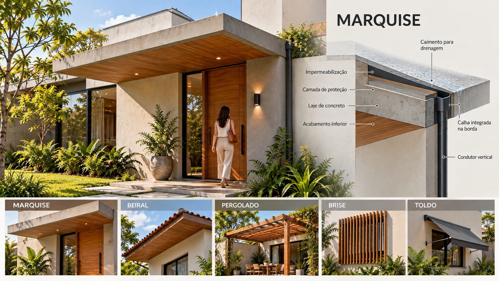 O que é marquise? Tipos, materiais e diferença para beiral 11 Marquise em balanço integrada à fachada com estrutura, drenagem e proteção contra chuva e sol