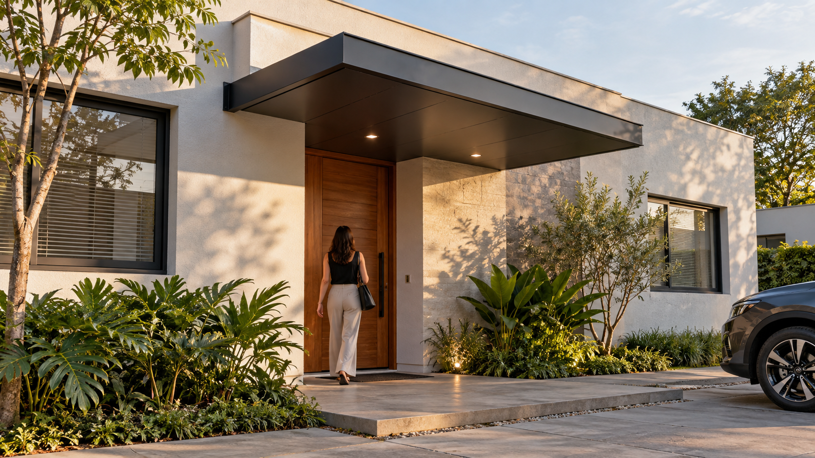 O que é marquise? Tipos, materiais e diferença para beiral 6 Marquise metálica contemporânea sobre entrada residencial