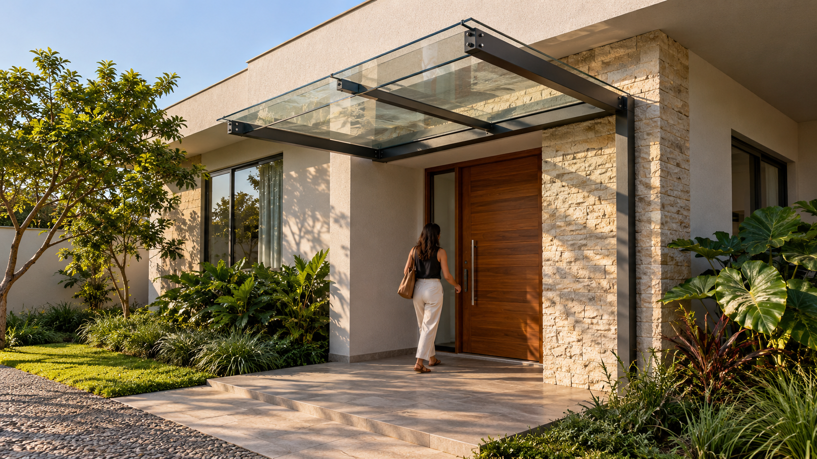 O que é marquise? Tipos, materiais e diferença para beiral 7 Marquise de vidro com estrutura metálica sobre entrada residencialTitle: Marquise de vidro