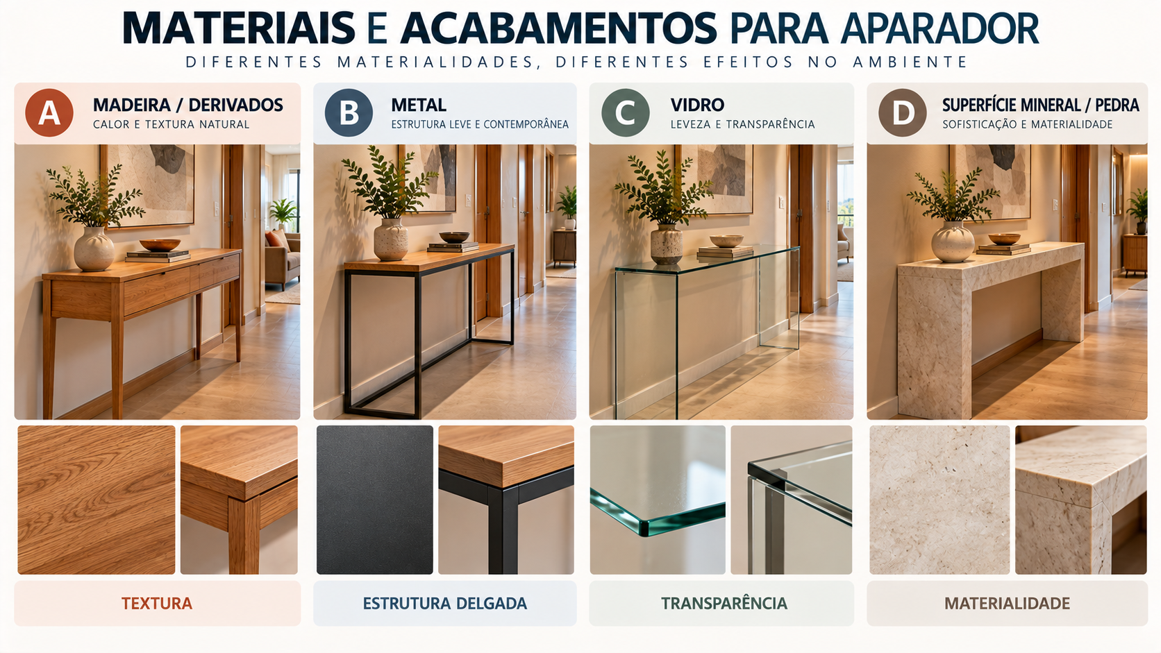 Aparador para corredor: como escolher e 10 ideias para usar 17 Moodboard de madeira, metal, vidro e superfície mineral para aparadores de corredor
