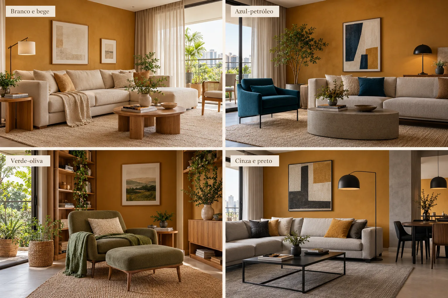 Cor ocre na decoração: como combinar e usar em cada ambiente 3 Comparação de quatro ambientes com cor ocre combinada com branco e bege, azul-petróleo, verde-oliva e cinza com preto.