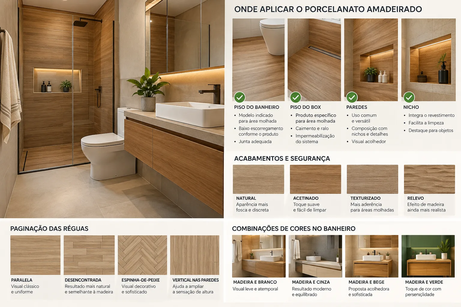 Banheiro com porcelanato de madeira: onde usar e como combinar 10 Moodboard com quatro combinações de porcelanato amadeirado para banheiro: branco, bege, cinza e verde