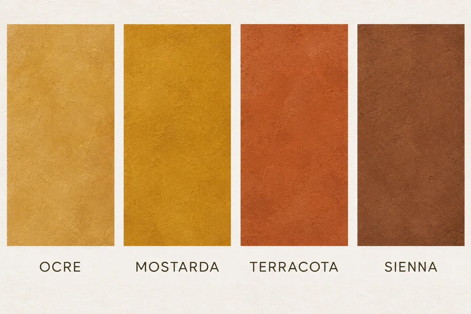 Cor ocre na decoração: como combinar e usar em cada ambiente 1 Comparação visual entre ocre, mostarda, terracota e sienna em quatro amostras de cores terrosas.