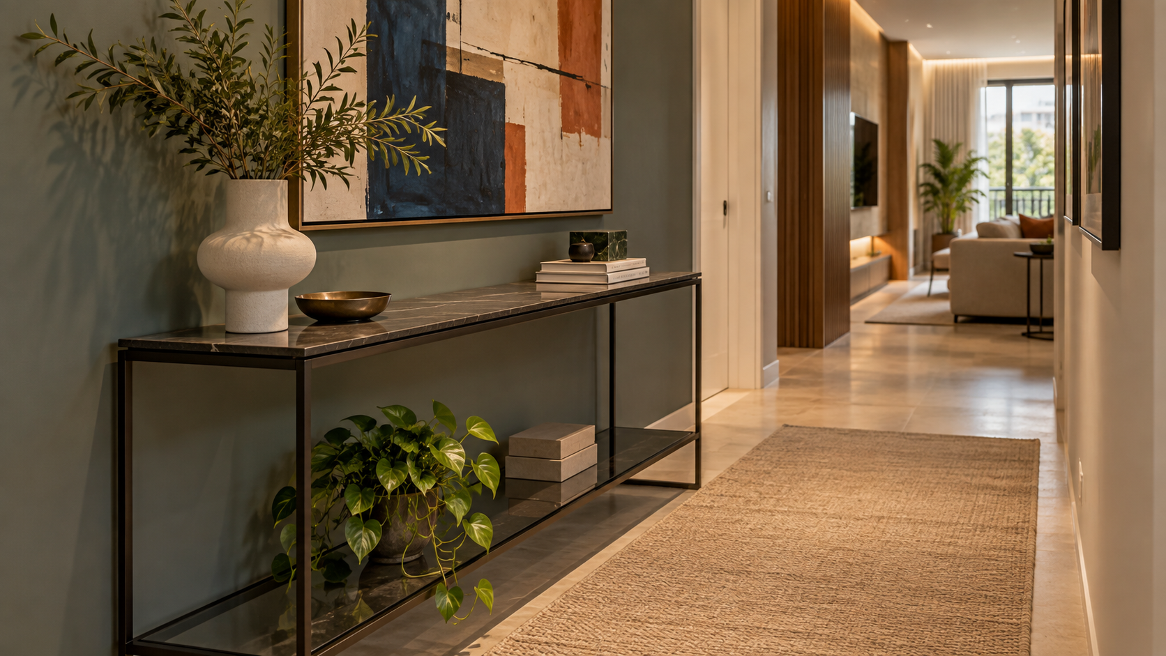 Aparador para corredor: como escolher e 10 ideias para usar 12 Aparador com estrutura metálica delgada e tampo escuro em corredor residencial contemporâneo, com composição decorativa controlada e visual leve.