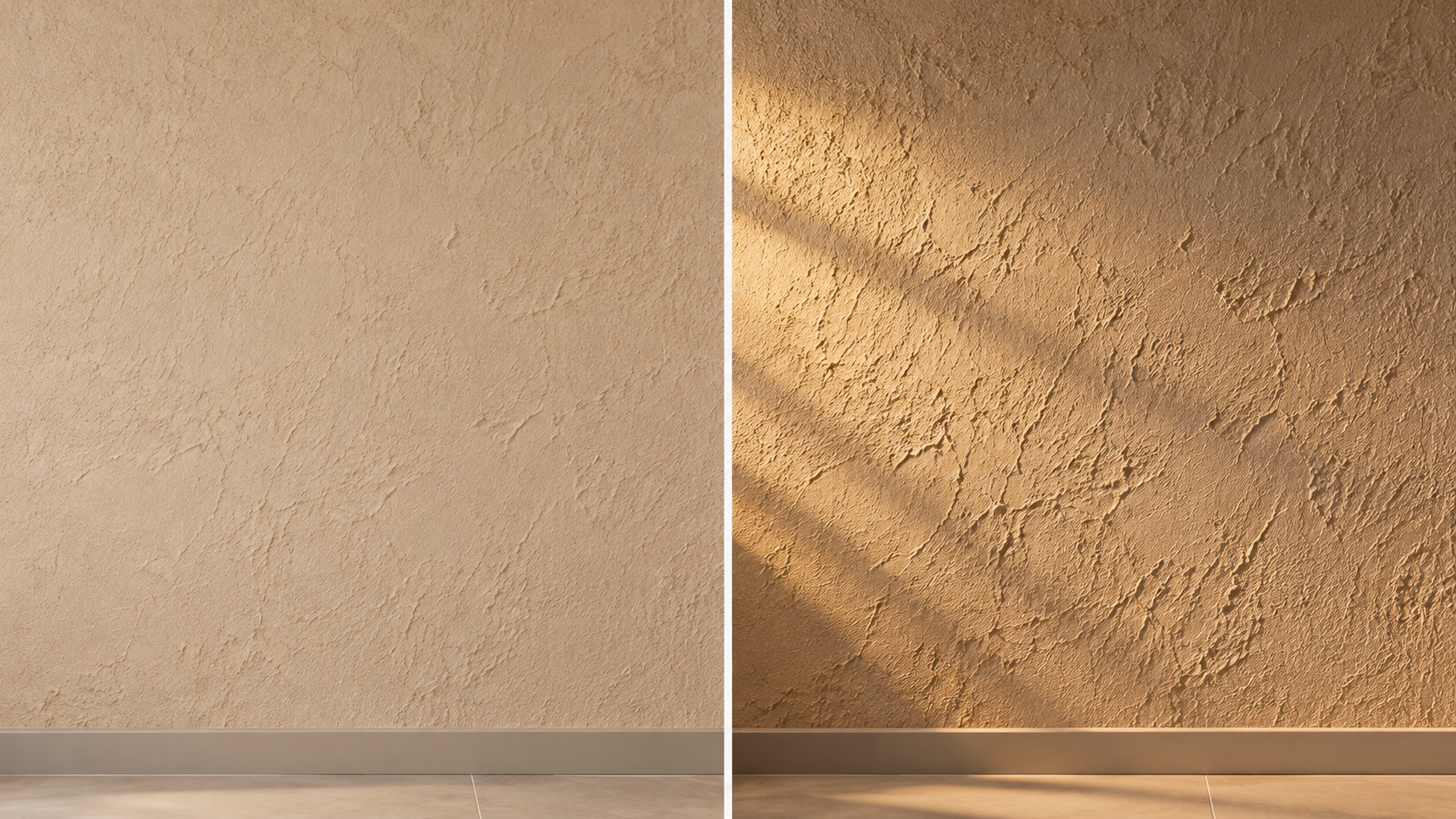 Comparação da mesma parede texturizada sob iluminação frontal difusa e luz lateral rasante, mostrando diferenças na percepção do relevo.