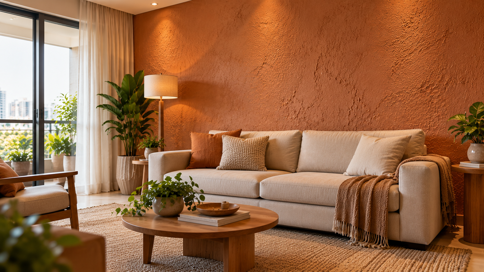 Sala de estar com parede texturizada terracota atrás de sofá bege, móveis de madeira e iluminação natural lateral.