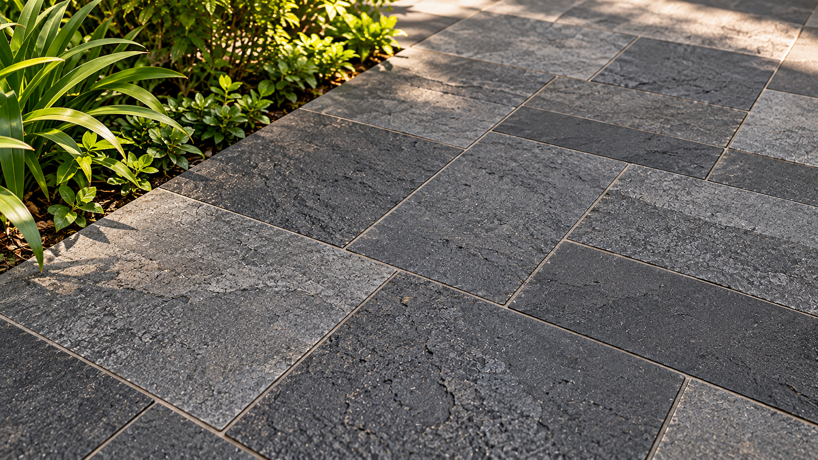 Detalhe de calçada com placas retangulares de pedra basáltica cinza-escura, textura mineral e juntas regulares.