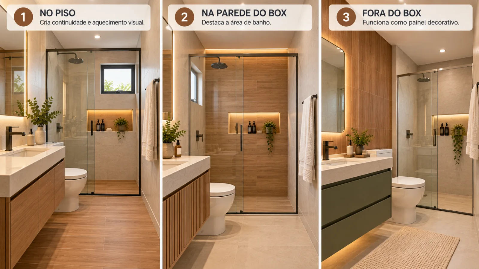 Banheiro com porcelanato de madeira: onde usar e como combinar 11 Comparação de três banheiros com porcelanato amadeirado aplicado no piso, na parede do box e em parede de destaque