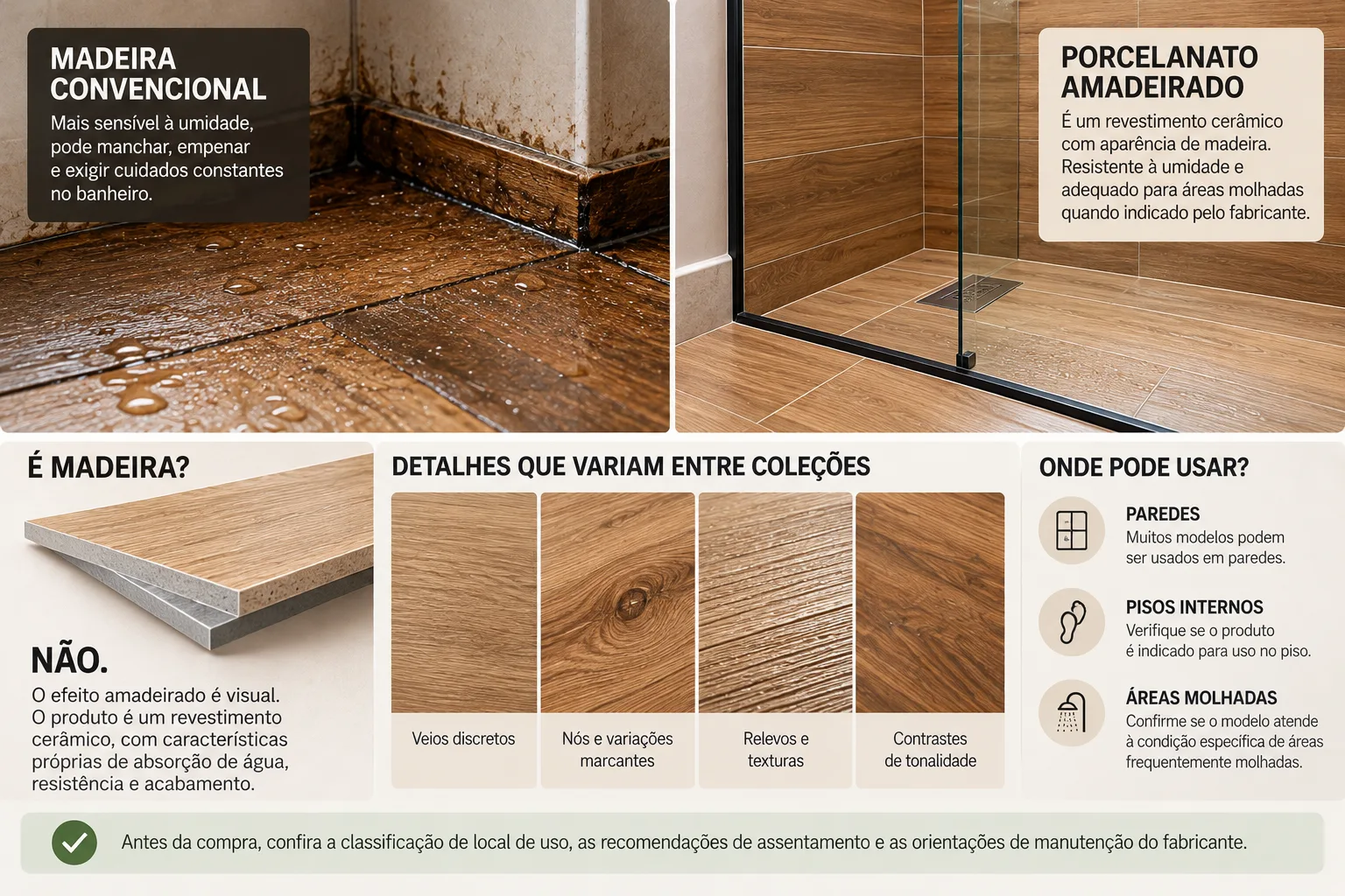 Banheiro com porcelanato de madeira: onde usar e como combinar 9 Infográfico explicando que porcelanato amadeirado é um revestimento cerâmico e mostrando a necessidade de verificar a indicação de uso para piso, parede e áreas molhadas do banheiro.
