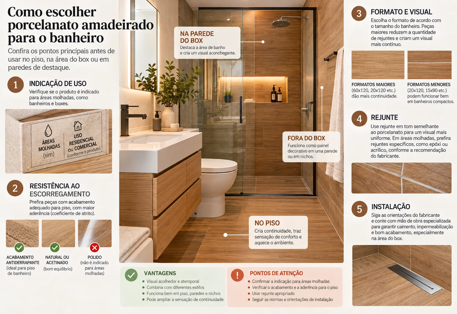Banheiro com porcelanato de madeira: onde usar e como combinar 12 Infográfico com checklist para escolher porcelanato amadeirado no piso do banheiro e na área do box