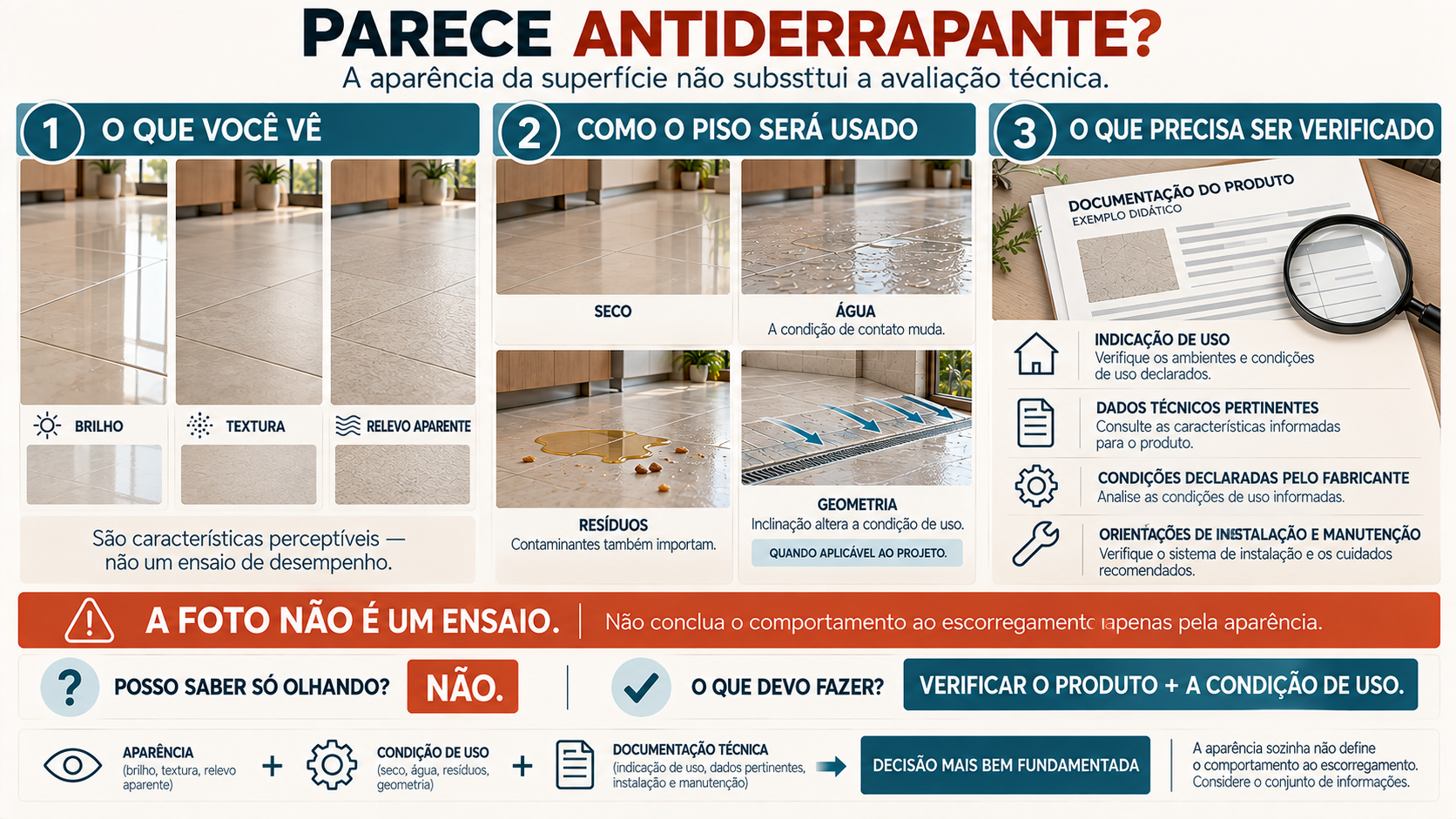 Infográfico explicando que a aparência do porcelanato não determina sozinha sua resistência ao escorregamento em uma cozinha
