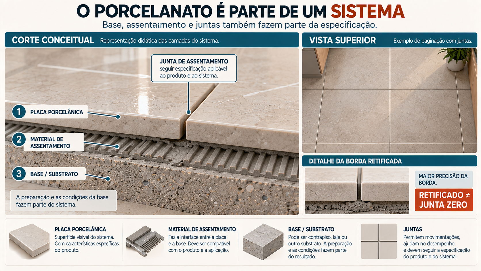 Corte técnico conceitual mostrando placa de porcelanato, material de assentamento, base e junta entre peças