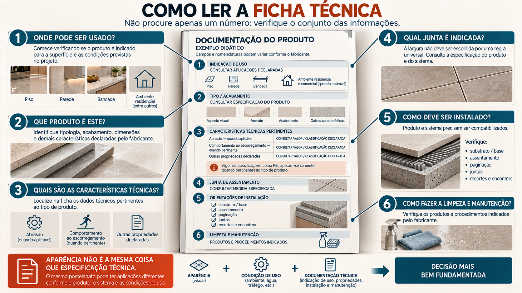 Infográfico mostrando como consultar indicação de uso, características técnicas, junta, instalação e manutenção na ficha de um porcelanato