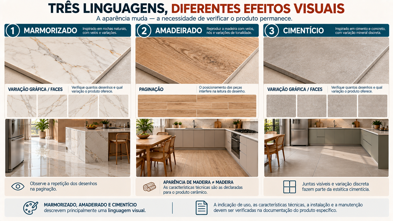 Moodboard comparando porcelanato marmorizado, amadeirado e cimentício em cozinhas contemporâneas