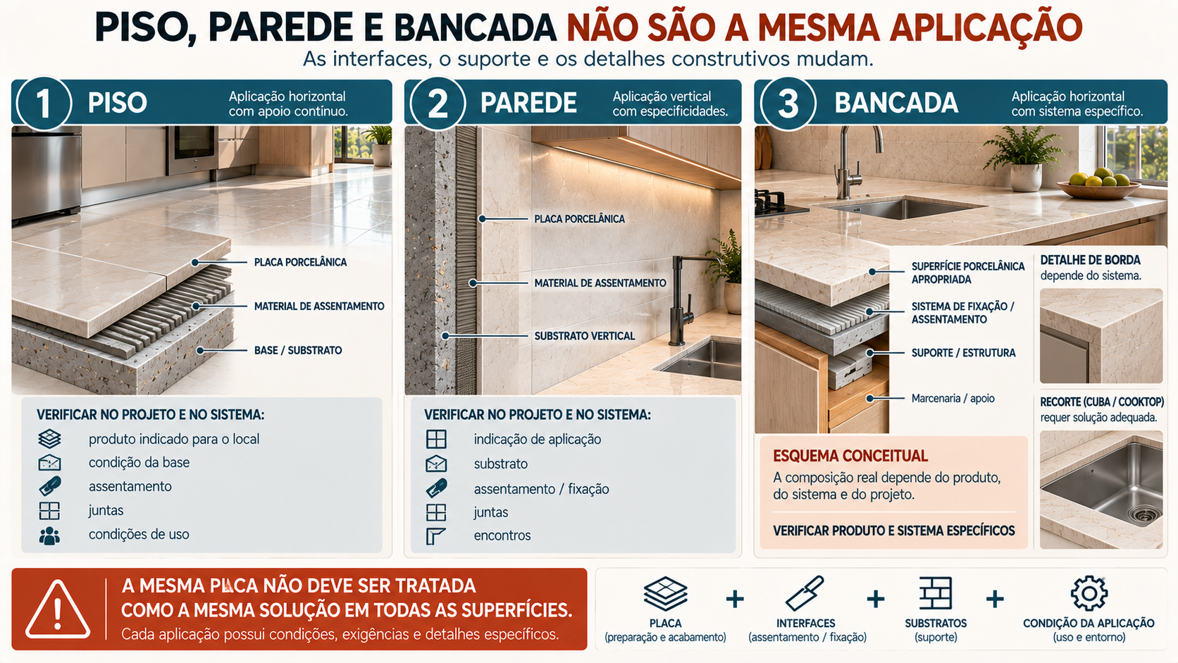 Diagrama técnico comparando conceitualmente as camadas de porcelanato no piso, parede e bancada de cozinha