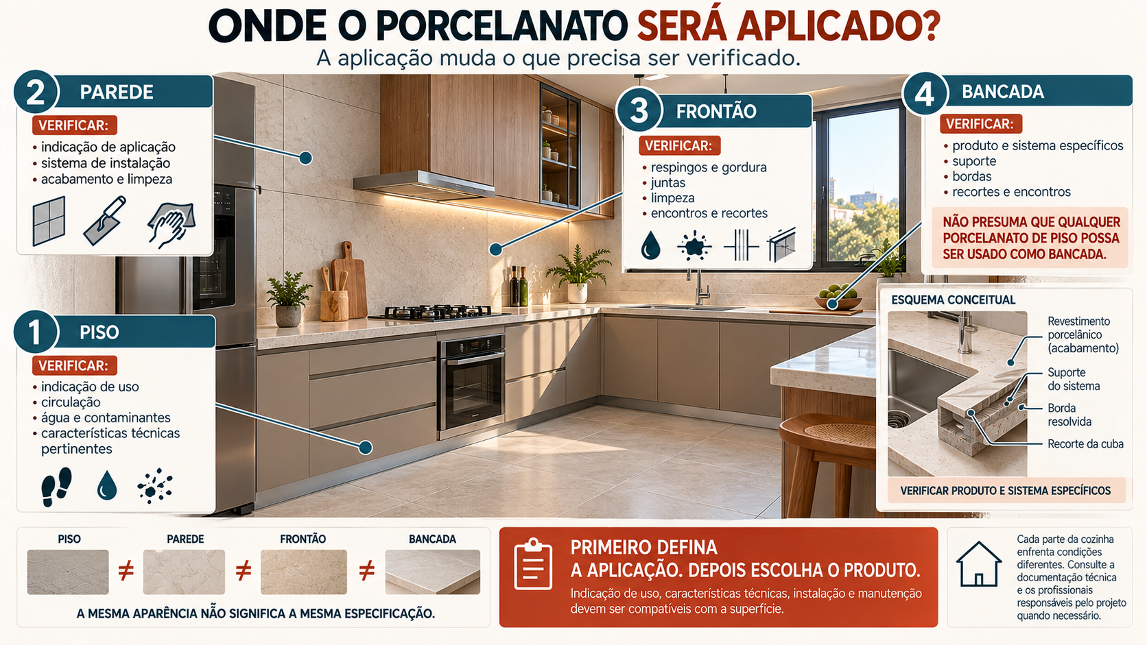Infográfico de cozinha mostrando diferentes critérios para porcelanato no piso, parede, frontão e bancada
