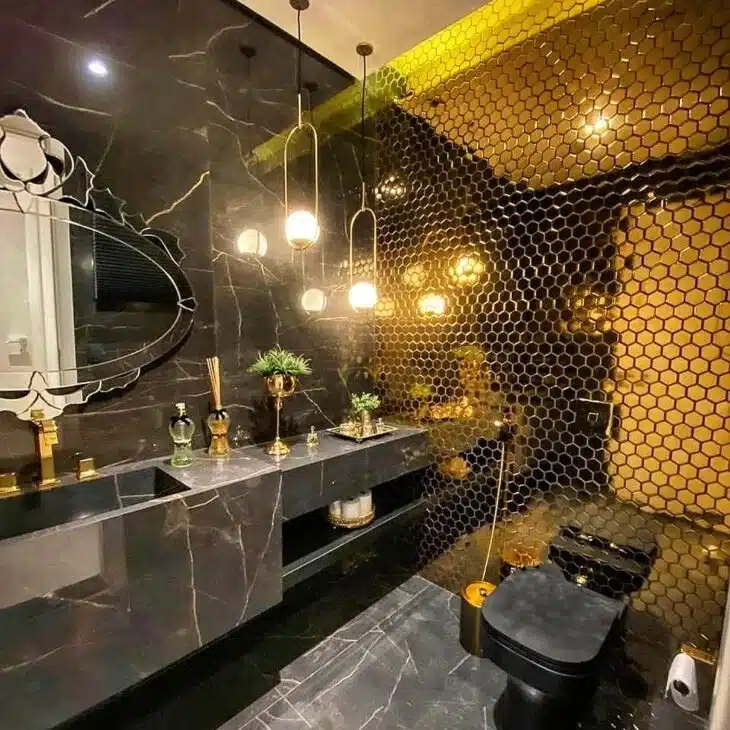 10 Ambientes com Porcelanato Pretos que São Pura Sofisticação 9 Uso de porcelanato preto no banheiro