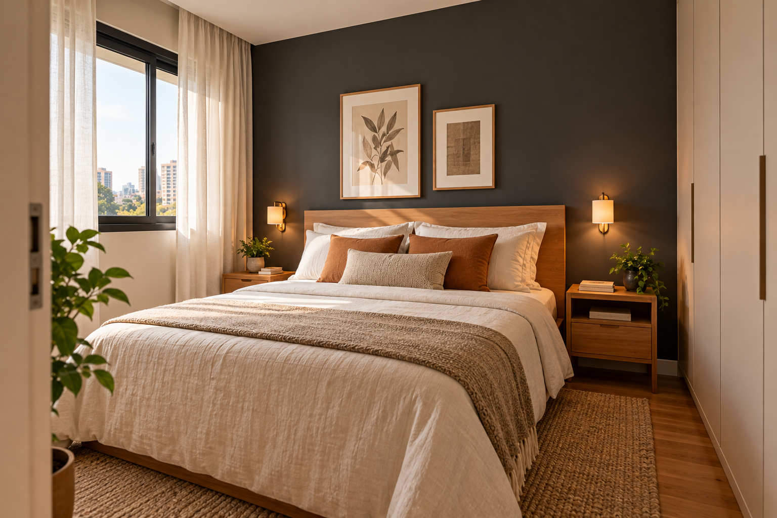 Quarto pequeno com parede grafite na cabeceira, cama com roupa de cama clara, móveis de madeira natural e iluminação suave.