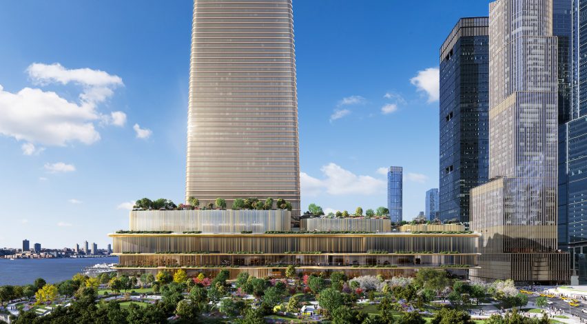 Novas imagens impressionantes do arranha-céu e cassino em Nova York. 3 Imagem representando o plano do desenvolvimento que inclui arranha-céus e um parque.