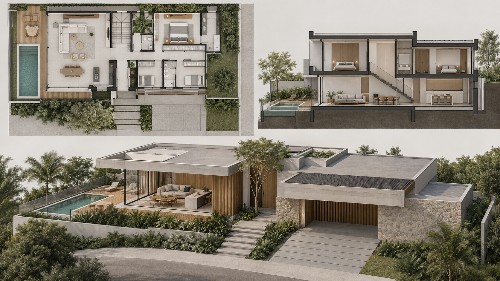 Projeto BIM com planta, corte e modelo tridimensional de residência contemporânea