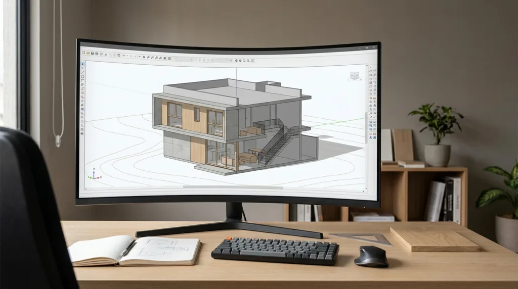 Modelo 3D de uma residência sendo desenvolvido em software de modelagem para arquitetura