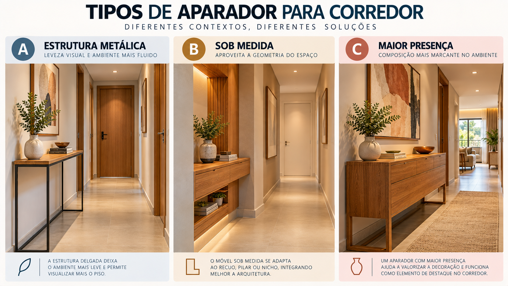 Aparador para corredor: como escolher e 10 ideias para usar 14 Comparativo de aparador metálico, aparador sob medida e aparador maior em diferentes tipos de corredor