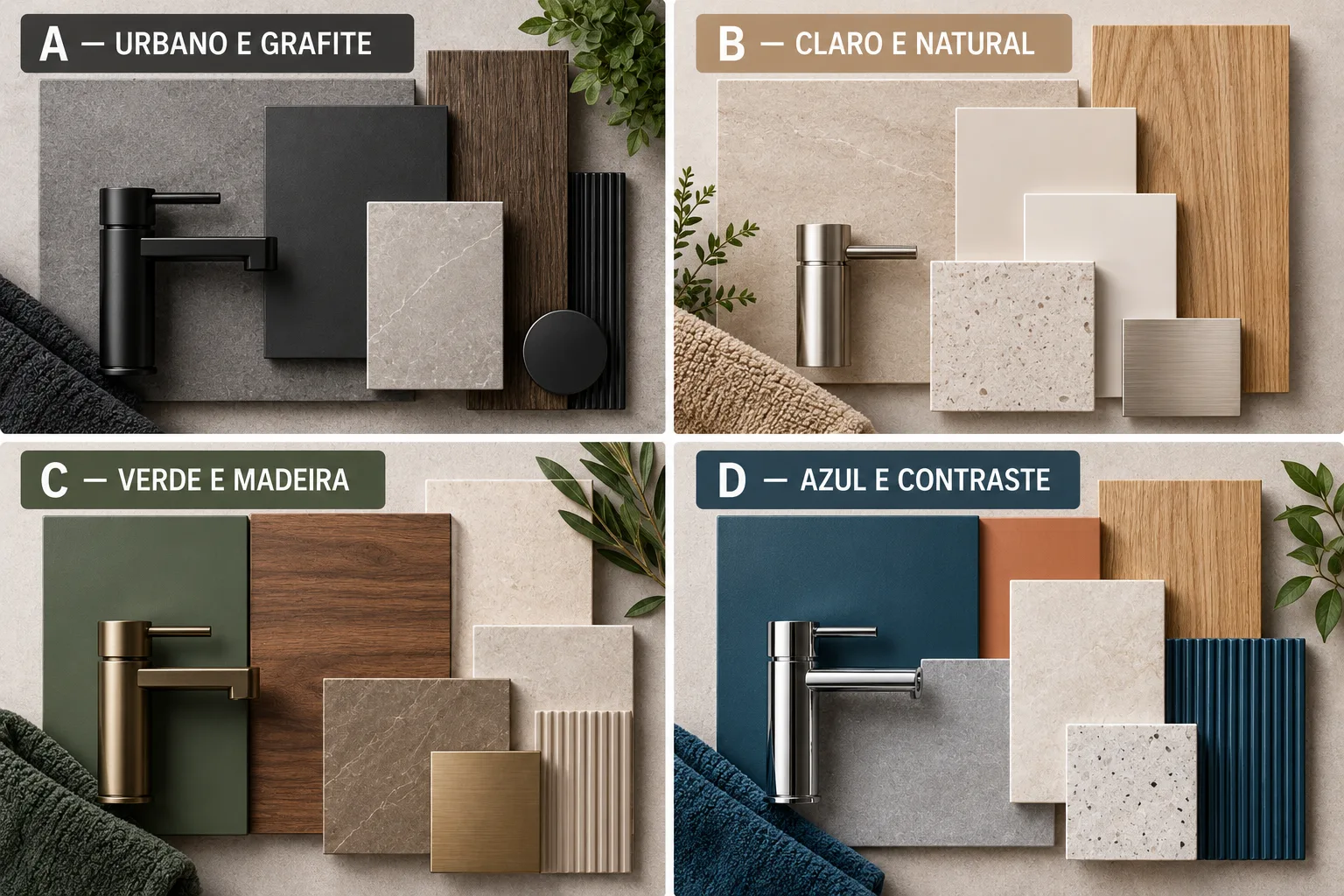 Moodboard de cores para banheiro masculino com combinações de preto e cinza, madeira e bege, verde-oliva e azul-petróleo