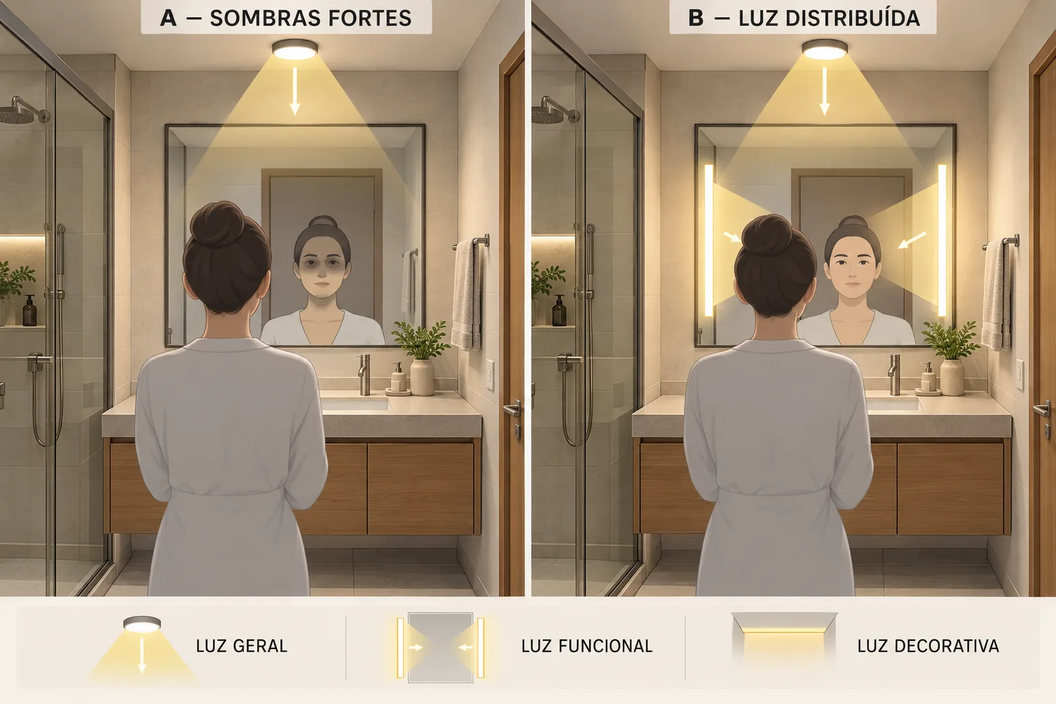 Comparação de iluminação de banheiro com sombras no rosto causadas por luz central e solução com luz funcional junto ao espelho
