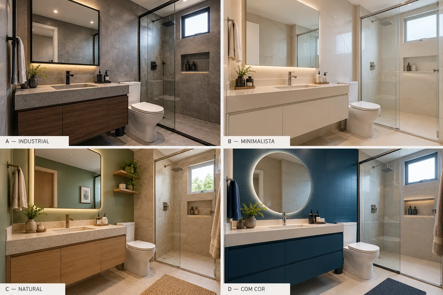 Comparação de quatro estilos de banheiro masculino: industrial cinza, minimalista claro, natural com madeira e contemporâneo azul